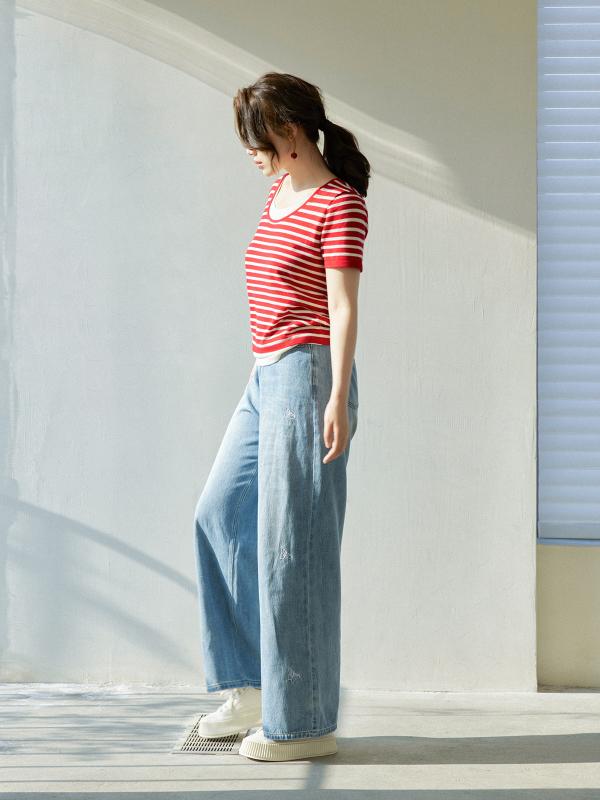 Tシャツ レディース おしゃれ 春夏 ウール混紡 ボーダー 柄 半袖 重ね着風 カジュアル