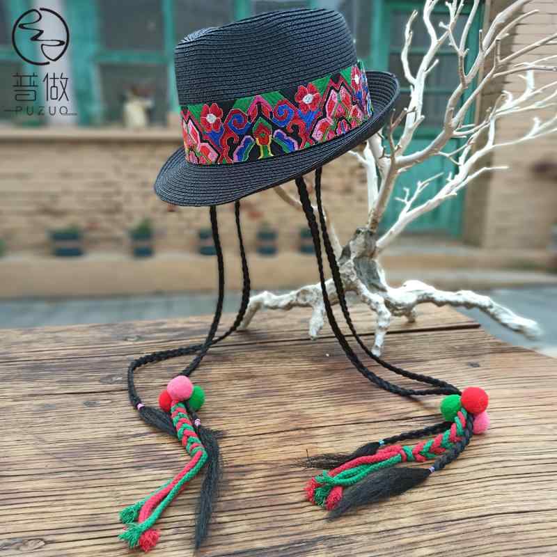 麦わら帽子 レディース エスニック風 刺繍 花柄 夏 サンシェード 旅行 ビーチ フラット レジャー ブラック 三つ編み