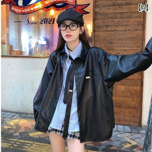ジャケット レディース 秋 アウター おしゃれ カジュアル レトロ レザー ストライプ ネクタイ シャツ 女性用 ストリート ツーピース｜フロントップ店 7,766円
