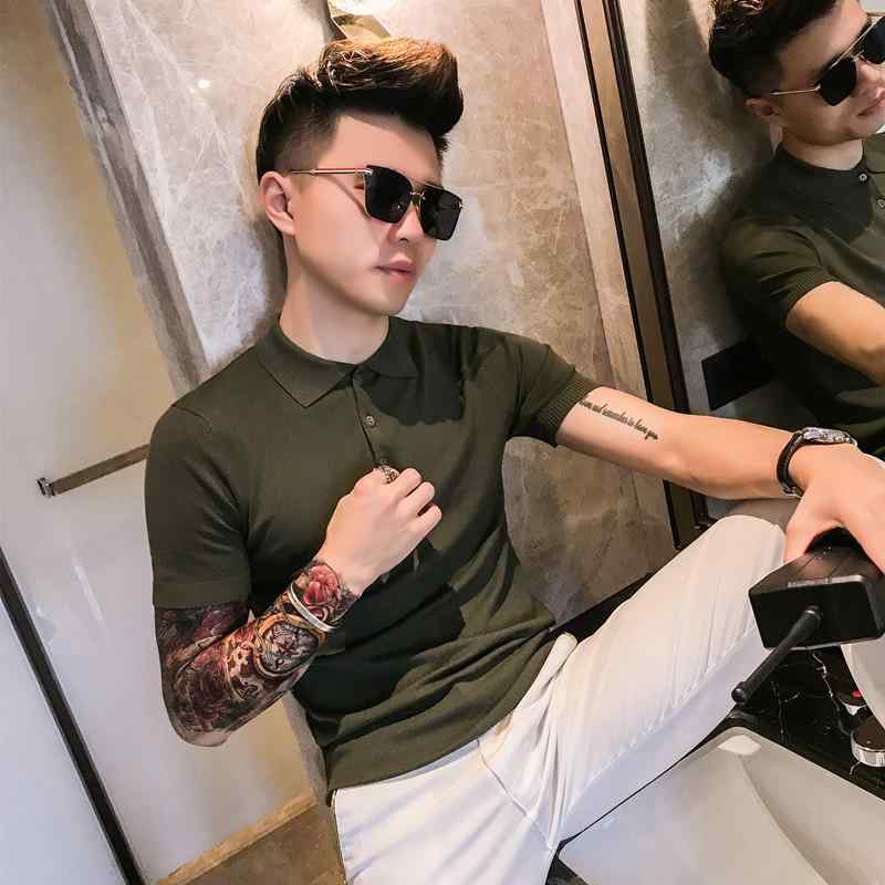 メンズ 半袖 ポロシャツ スリム タイト 春夏 韓国 Vネック ニット 無地 ファッション 涼しい Tシャツ 白 黒 緑