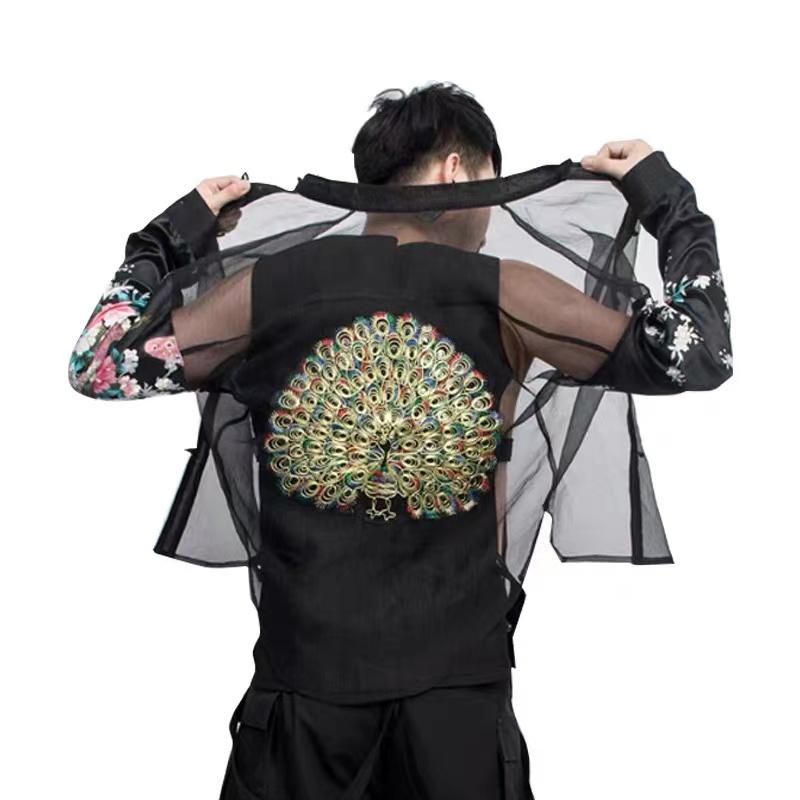 長袖 シアーシャツ メンズ 薄手 前開き 刺繍 メッシュ チャイナボタン チャイナ風 レトロ おしゃれ カジュアル シースルー 透け感 孔雀 黒 白 ストリート