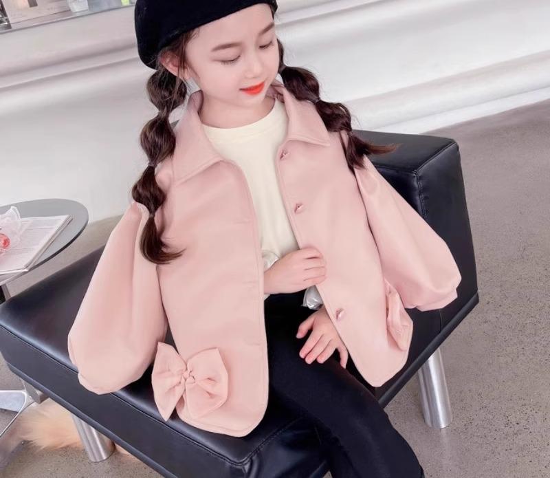 キッズ レザージャケット ベビー 女の子 韓国 春秋 トップス 長袖 ボタン 襟 リボン ソフト 通気 甘辛 かわいい カジュアル ピンク 黒｜フロントップ店
