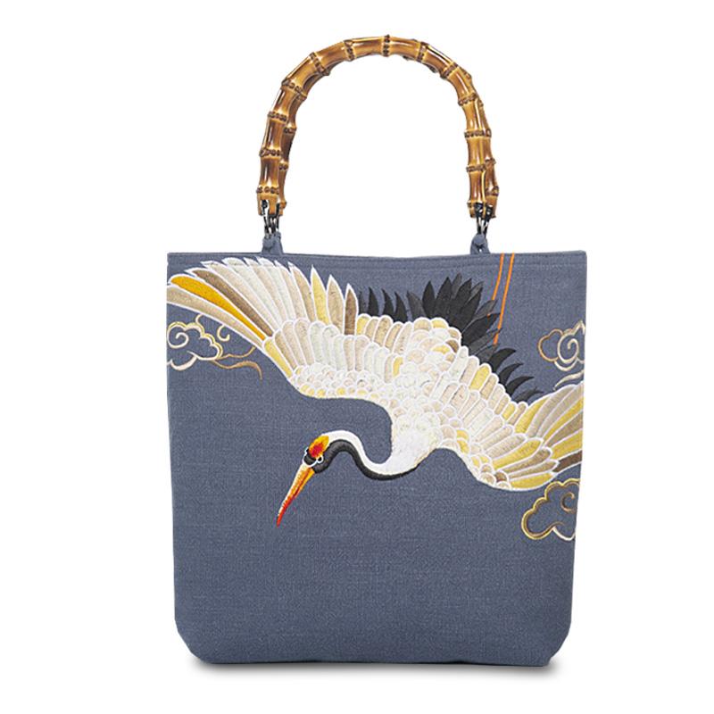 バッグ レディース バンブー ハンドル 中国風 レトロ 厚手 コットンリネン しわ加工 刺繍 トート 手提げ カバン マダム ミセス 母の日 プレゼント 鶴