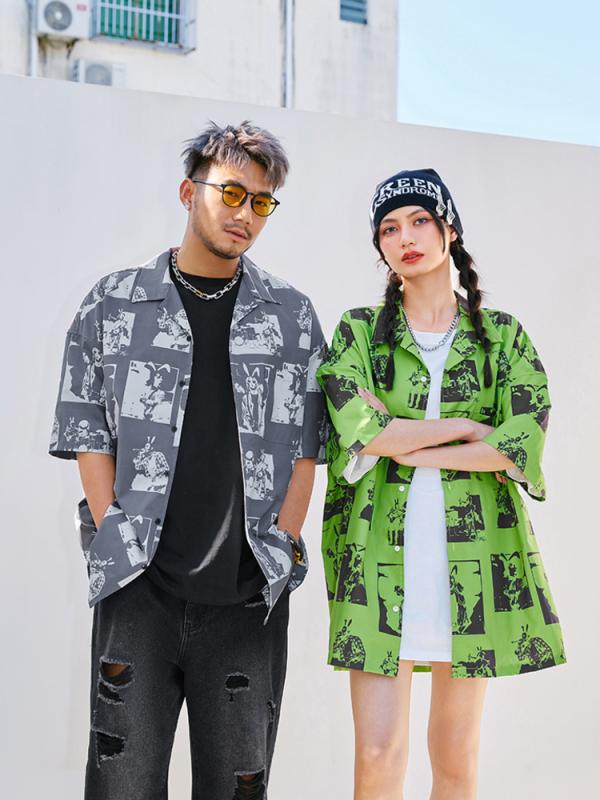 柄シャツ メンズ カジュアル 半袖 開襟 前開き ボタン ゆったり 羽織 ポリエステル おしゃれ 総柄 グレー 緑 大きいサイズ ストリート カップル