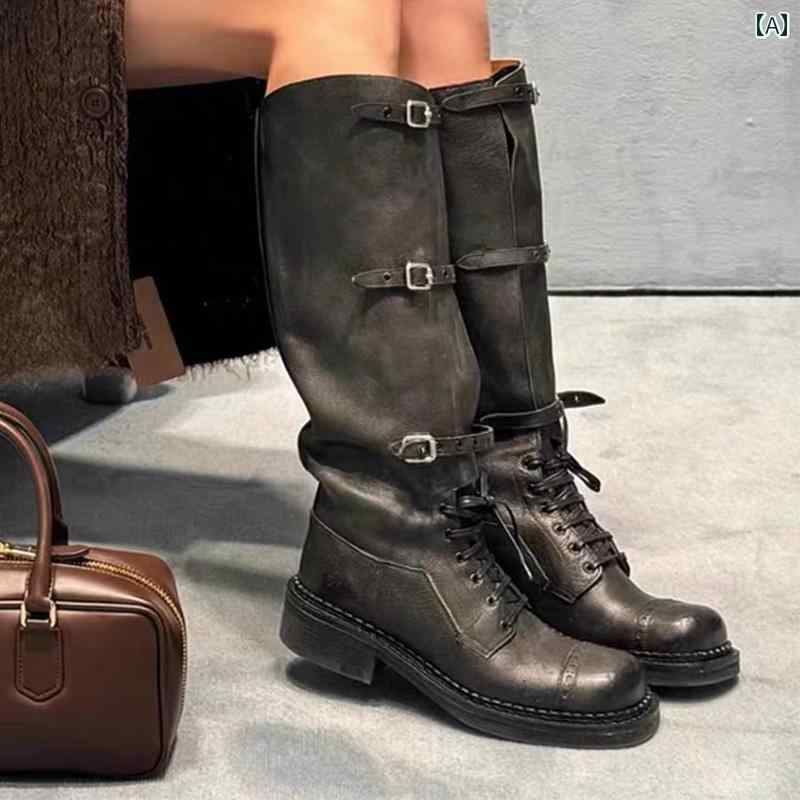 ライディングブーツ レディース 秋冬 牛革 ロング ローヒール ラウンドトゥ レースアップ ベルト バックル ダメージ加工 裏起毛 オートバイ レトロ おしゃれ 黒 茶色