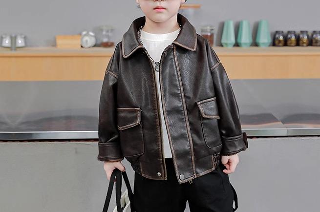 キッズ レザージャケット 春秋 男の子 幼児 キッズ PU アウター ジップアップ ステッチ シンプル カジュアル スタイリッシュ おしゃれ 茶