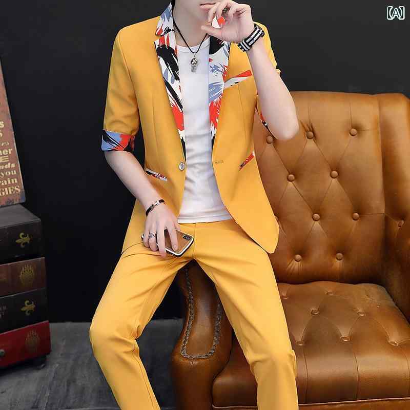 ジャケット メンズ 柄 春夏 アウター 韓国 スリム 薄手 カジュアル 七分袖 テーラード イエロー ホワイト ブラック 大きいサイズ セットアップ 半袖 Tシャツ