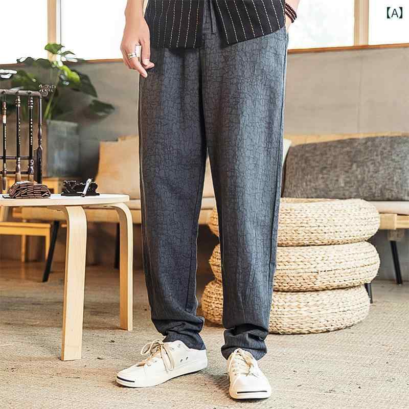綿麻 パンツ メンズ チャイナ風 レトロ 大きいサイズ ゆったり ロング ボトムス 秋冬 ポケット カジュアル シンプル 無地 大人 グレー 黒 紺