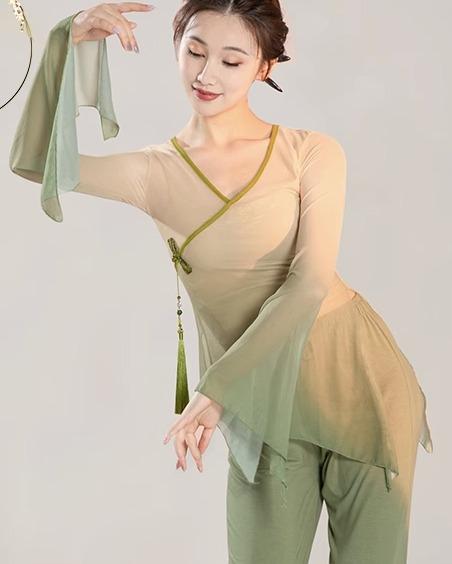 中国 舞踊 衣装 エレガント 夏 レディース トップス 単品 ダンス ガーゼ 透け感 通気性 演劇 撮影 きれいめ タッセル 揺れる グラデーション 緑