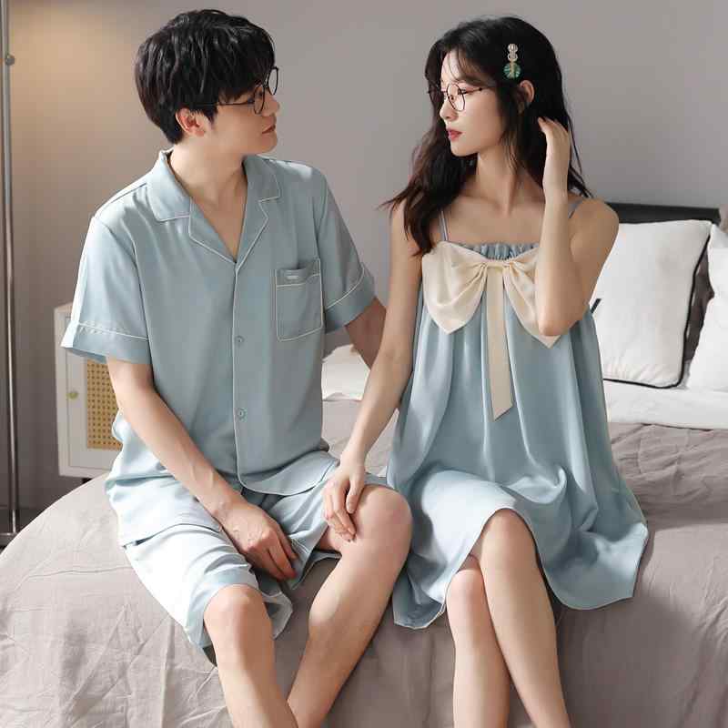 ルームウェア キャミソール カップル 夫婦 ペアルック レディース メンズ セット 夏 ひんやり 薄手 ワンピース 半袖 大きいサイズ かわいい 黒 青 紫