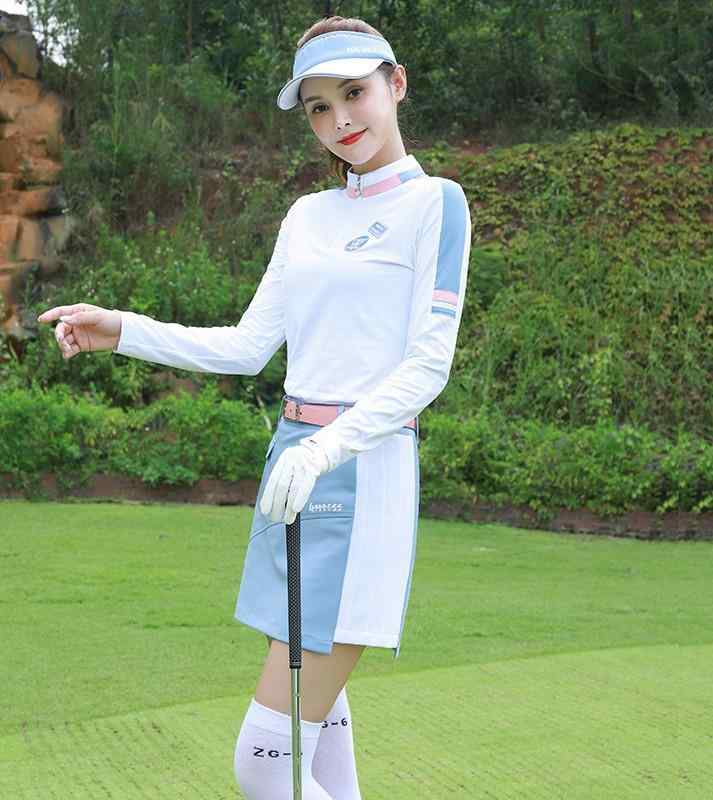 ゴルフ御召しもの レディース 馬鹿でかい大いさ 春夏 スコート セットアップ ズボン下 長袖 庭球 運動競技 白いこと 青碧 ハイネック ハーフジップ 今めかしい か細い