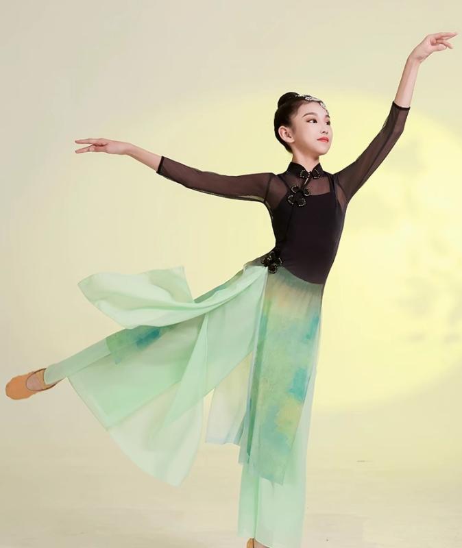 中国 舞踊 衣装 レトロ 子供 女の子 イベント パフォーマンス ダンス チャイナ服風 シフォン ひらひら 髪飾り キャミソール 黒 緑 黄色