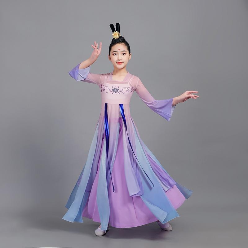 中国 舞踊 衣装 子供 女の子 イベント ダンス パフォーマンス 上下セット 髪飾り グラデーション 花 ひらひら フレア袖 透け感 シフォン 紫