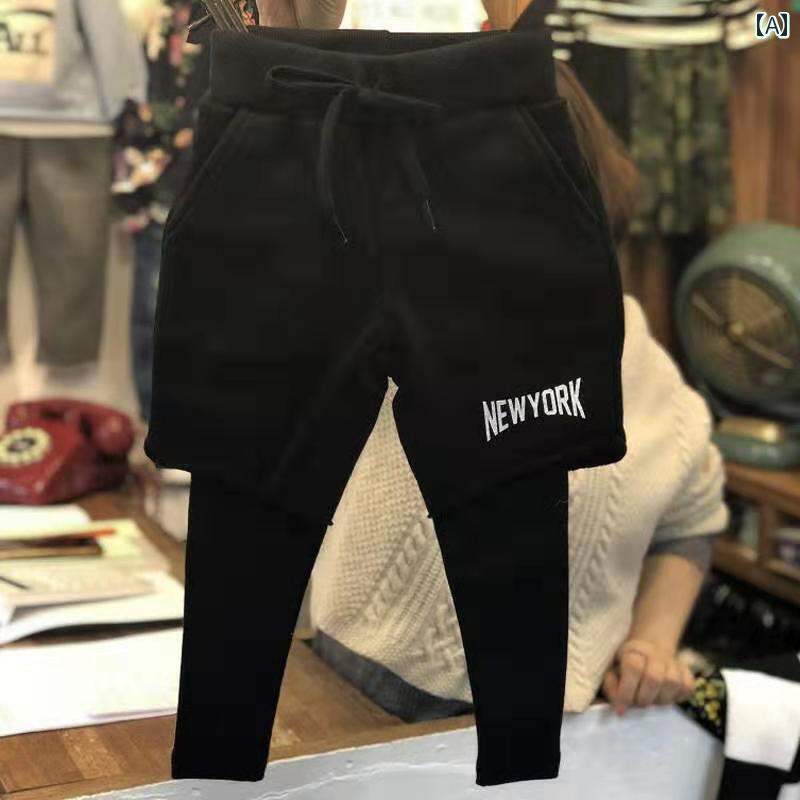 ズボン キッズ 韓国 夏 男の子 女の子 重ね着風 ショートパンツ付 レギンス スポーツ アウトドア レジャー ウエストゴム フリース 黒 グレー