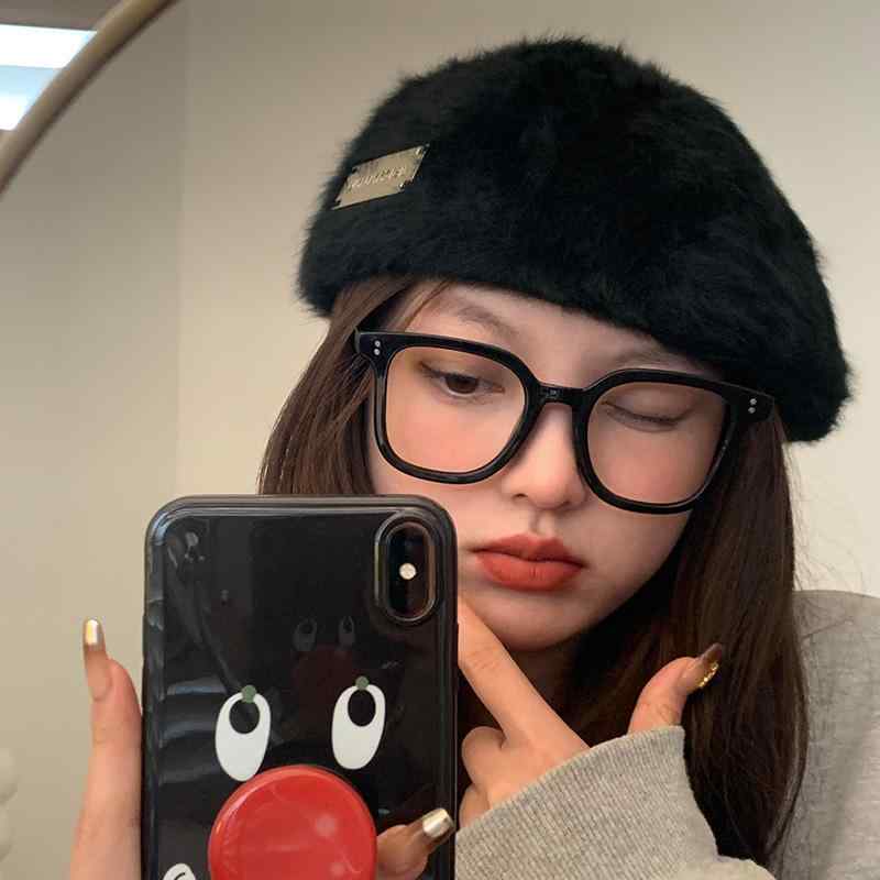ベレー帽 レディース 大きいサイズ アイボリー ファー ふわふわ 英字 ロゴ レトロ 秋冬 黒 ベージュ 厚手 学生 ショッピング かわいい ワンポイント