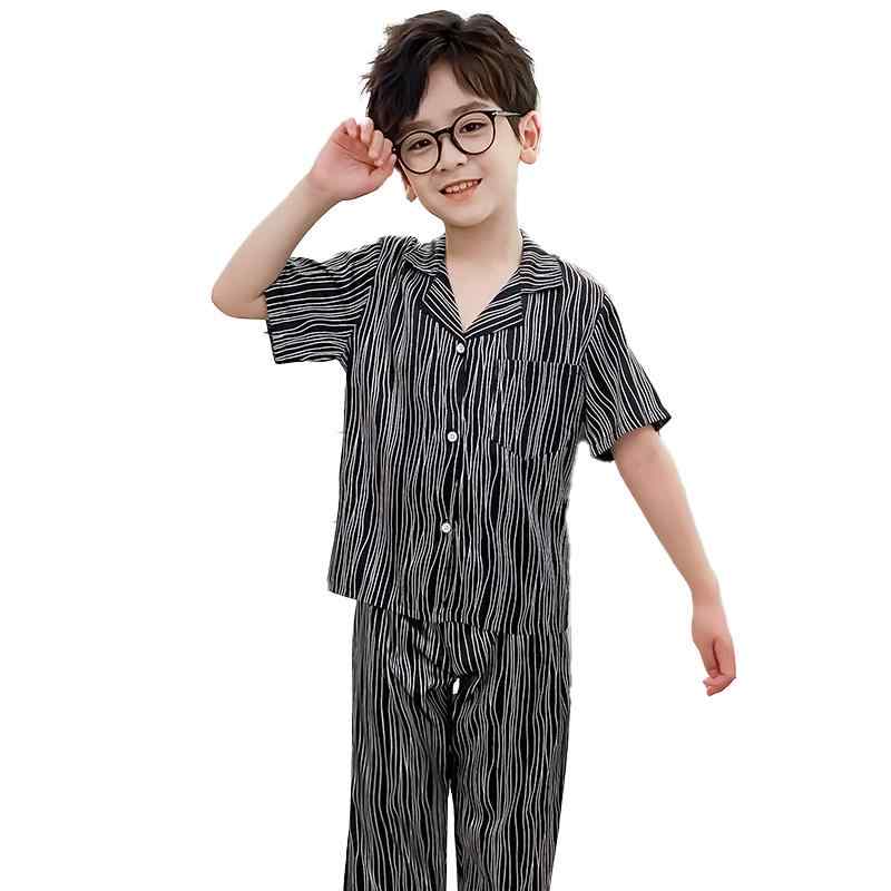 キッズ パジャマ 男の子 前開き ジュニア 半袖 長ズボン 上下セット Vネック 夏 ひんやり 快適 通気性 柔らかい 薄手 肌にやさしい 大きいサイズ 縞柄 黒 白
