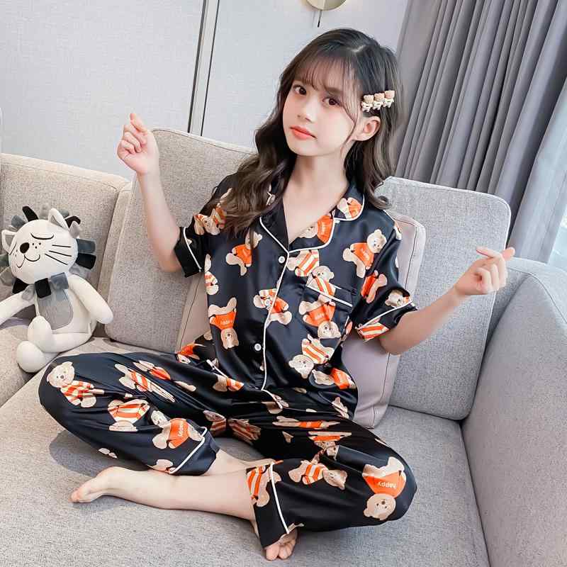 パジャマ キッズ 半袖 女の子 上下セット 春夏 前開き ボタン Vネック 開襟 ポケット ショートパンツ 長ズボン 薄手 涼しい 通気 ソフト ルームウェア おしゃれ くま リボン 犬 ピンク 黄色 赤
