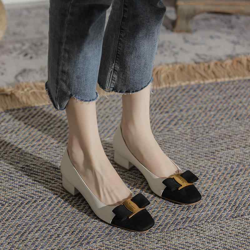 チャンキーヒール パンプス シープスキン カラーマッチング シューズ レディース 春秋 スクエアトゥ 浅口 アイボリー ブラック アプリコット ラバー メタル