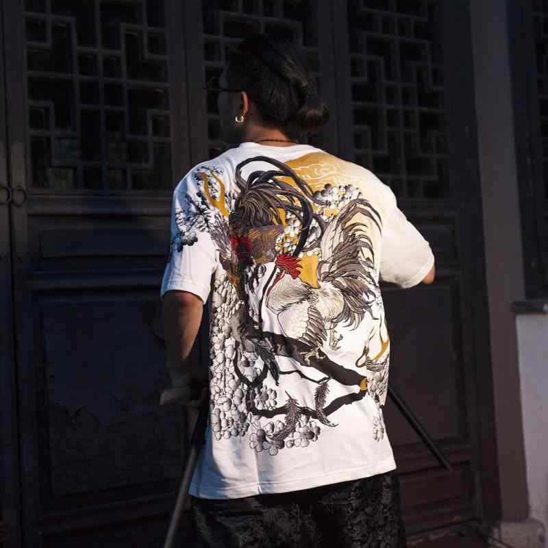 Tシャツ メンズ レディース 半袖 夏 男女兼用 カップル ラウンドネック 浮世絵 刺繍 ホワイト ブラック 中華風 鳥 ルーズ ゆったり 大きいサイズ かっこいい
