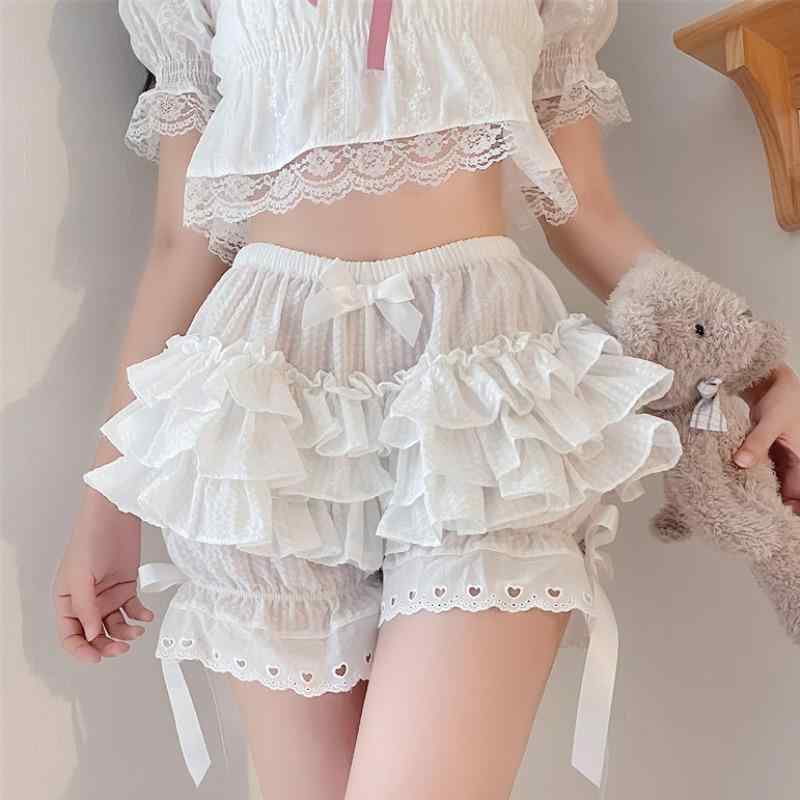 かぼちゃパンツ レディース 可愛い ショート 夏 ウエストゴム キュロット バルーン ティアード 短パン ドロワーズ フリル レース 薄手 ガーリー ロリータ ゴシック 地雷 コスプレ JK ふんわり ふわふわ 体形カバー 美脚 リボン ハート ホワイト