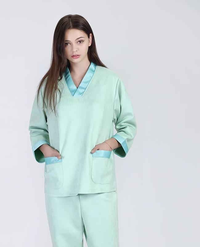 患者衣 上下 介護 着脱 し やすい 服 検査着 診察 病院 クリニック レディース ポケット ポリエステル 七分袖 シンプル 入院 パジャマ 前開き 大きいサイズ 緑