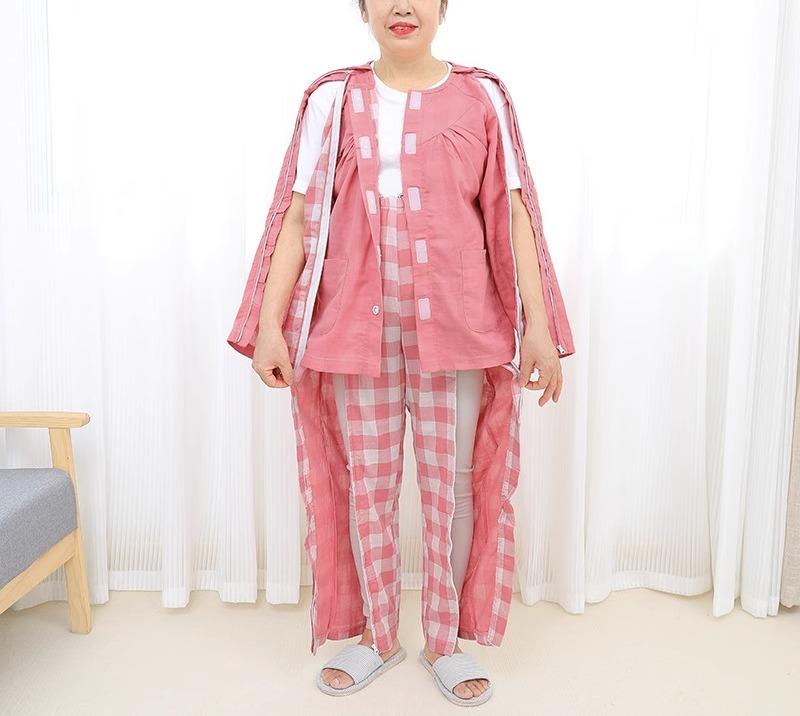 患者衣 上下 フルオープン 在宅 介護 着脱 し やすい 服 秋冬 セット 麻痺 寝たきり 骨折 綿 柔らかい 通気性 ピンク 青 チェック柄 4,383円