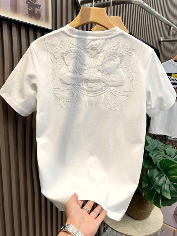 Tシャツ メンズ 大人 半袖 オシャレ 夏 チャイナ風 刺繍 ラウンドネック トップス 大きいサイズ 綿 普段着 お出かけ カジュアル シンプル 獅子 白 黒
