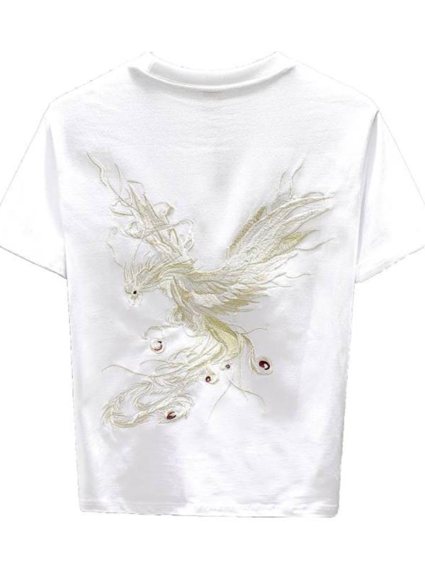 Tシャツ メンズ 大人 半袖 オシャレ 夏 チャイナ風 刺繍 ラウンドネック ゆったり 綿 トップス 普段着 カジュアル シンプル フェニックス 黒 白
