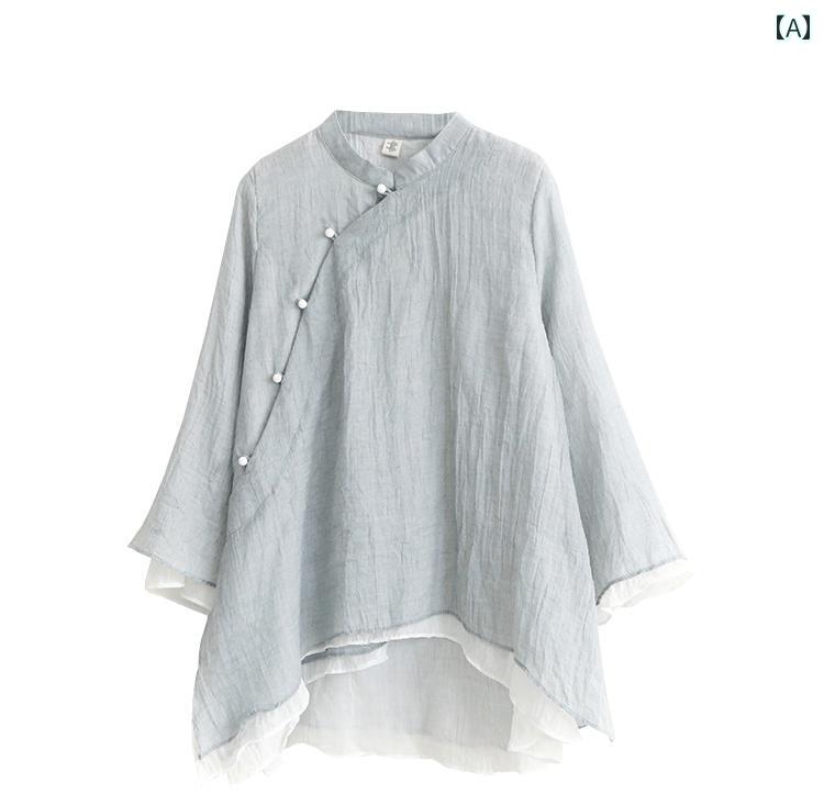 チャイナ服 上下 夏 レディース 禅 瞑想 修行 中国風 トップス 日常 九分袖 半袖 長ズボン ボタン シンプル ゆったり ルーズ ホームウェア フリーサイズ グレー 紫 緑｜フロントップ店