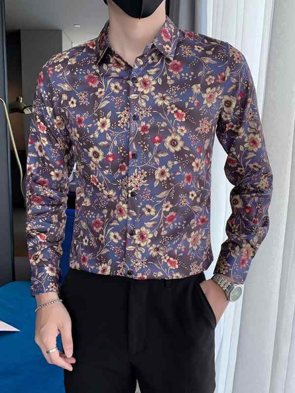 メンズ シャツ 長袖 前開き 花柄 夏 ひんやり 涼しい かっこいい ハイエンド レトロ スリム フィット 半袖 サテン 大きいサイズ 紫 緑 赤 ビーチ レジャー