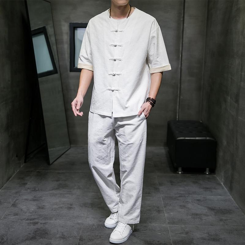 瀬戸もの服 上下 背広 メンズ 夏 綿 リネン ジャカード レトロ 半袖 砂浜 気が大きい大きさ 長ズボン 分かりやすい 白 青 薄墨色 ラウンドのど首 前食い違い