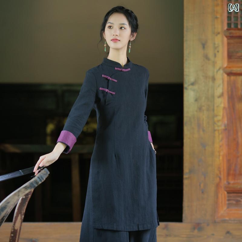 チャイナ服 上下 綿 リネン レトロ セットアップ レディース 茶道 春秋 厚手 暖かい エレガント 瞑想 禅 修行 シンプル ボタン 黒 ワイドパンツ｜フロントップ店