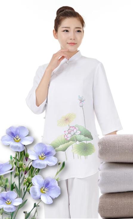 チャイナ服 上下 茶道 レディース 綿 麻 瞑想 修行 ホームウェア リネン 立ち襟 白 七分袖 蓮 ワンポイント 長ズボン 大きいサイズ ボタン|フロントップ店