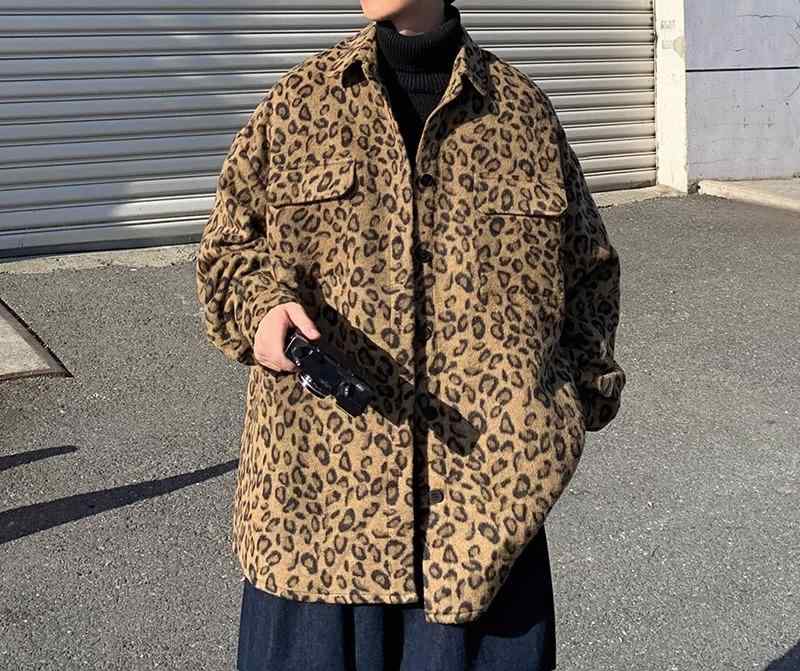 ヒョウ柄 メンズ アウター ジャケット 秋 ゆったり 長袖 厚手 ストレートヘム ウール 韓国 アウトドア 旅行 カジュアル おしゃれ 大きいサイズ レオパード グレー 黄色 ビッグシルエット｜フロントップ店