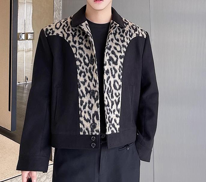 ヒョウ柄 メンズ アウター 上衣 秋 長袖 か細い ストレートヘム 短か目 韓国 表どおり 旅する 心地よい 今めかしい レオパード 黒