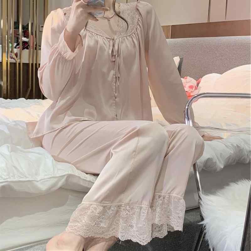 パジャマ レディース 長袖 長ズボン 上下セット 春秋 涼しい 上品 きれいめ フリフリ 襟レース ルームウェア フリーサイズ ピンク｜フロントップ店