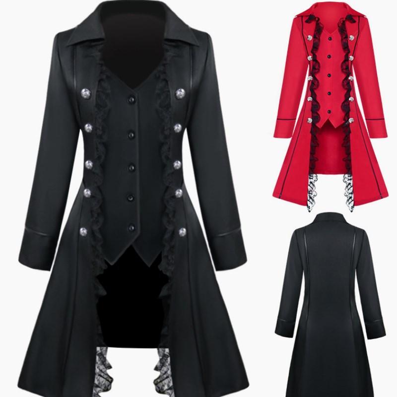 中世 ヨーロッパ 服 貴族 衣装 レディース コスチューム コスプレ ハロウィン 仮装 ロングコート ジャケット レトロ ゴシック スチームパンク ルネサンス ヴィクトリア 宮廷 演劇 パーティー イベント 文化祭 長袖 レース レッド ブラック