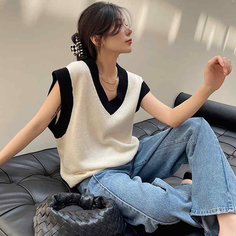 ニットベスト レディース おしゃれ 夏 Vネック プルオーバー 薄手 セーター ノースリーブ ゆったり 綿 普段着 カジュアル シンプル 黒 白
