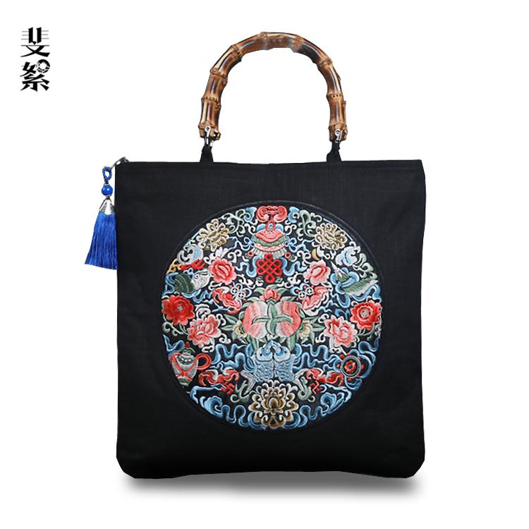 ハンドバッグ レディース チャイナ風 トート おしゃれ ファスナー ポケット 綿 リネン 花 吉祥文様 刺繍 バンブー ハンドル タッセル チャーム 手提げ 鞄 カジュアル エスニック レトロ お出かけ ショッピング 普段使い プレゼント 縁起の良い 黒