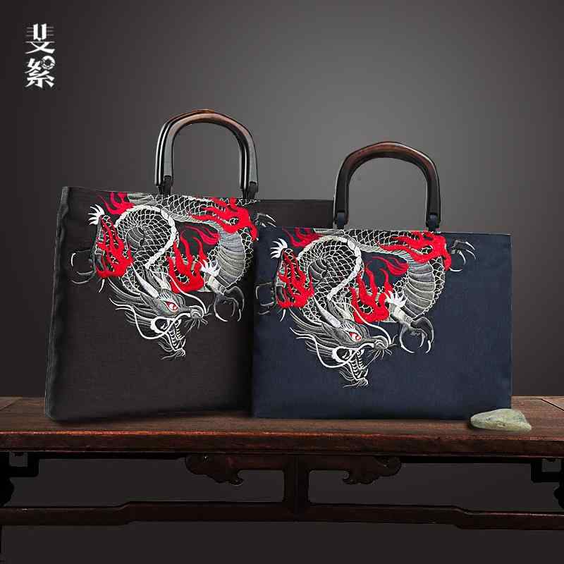 ハンドバッグ レディース チャイナ風 トート おしゃれ ファスナー ポケット マチ オックスフォード 青龍 神獣 刺繍 木製 ハンドル 手提げ 鞄 ブリーフケース PC タブレット エスニック レトロ ビジネス お出かけ 普段使い 黒 紺