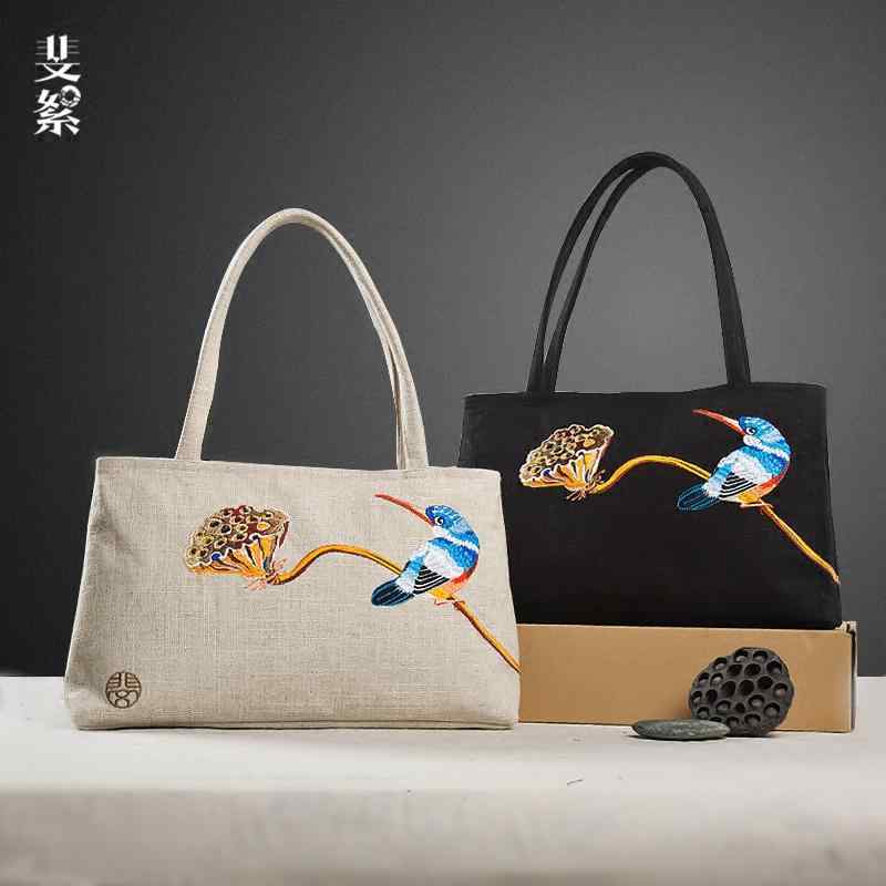 バッグ レディース 50代 カワセミ 綿 麻 布 刺繍 春夏 手持ち 手提げ 竹 ハンドル ジッパー リネン レトロ 普段使い チャイナ風 エスニック 母の日 プレゼント 黒