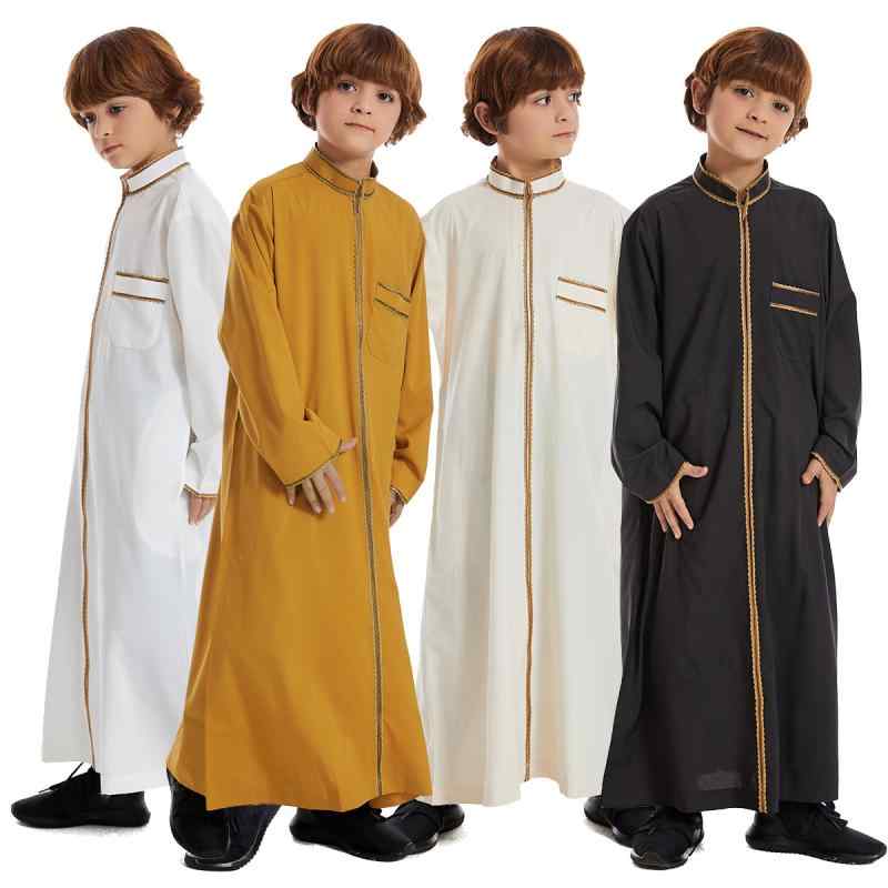 中東 民族 衣装 キッズ ジュニア 男の子 エスニック 服 大きいサイズ 春秋 ローブ シャツ トーブ 長袖 コットン スタンドカラー ジップアップ ポケット 刺繍 レース ロング 東南アジア アラブ イスラム 教徒 礼拝 白 黒 カーキ
