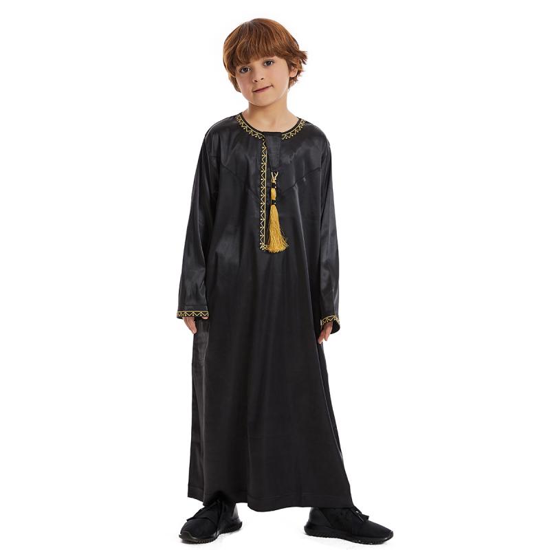 中東 民族 衣装 キッズ ジュニア 男の子 エスニック 服 大きいサイズ ローブ シャツ トープ カンドゥーラ 長袖 コットン ラウンドネック ポケット 刺繍 タッセル ロング 東南アジア アラブ イスラム 教徒 礼拝 白 黒 紫