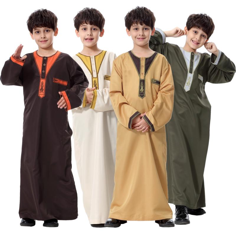 中東 民族 衣装 キッズ ジュニア 男の子 エスニック 服 大きいサイズ ローブ シャツ トープ カンドゥーラ 長袖 ラウンドネック ポケット ボタン 刺繍 ロング ゆったり 東南アジア アラブ イスラム 教徒 礼拝 コスプレ 白 黒 茶色