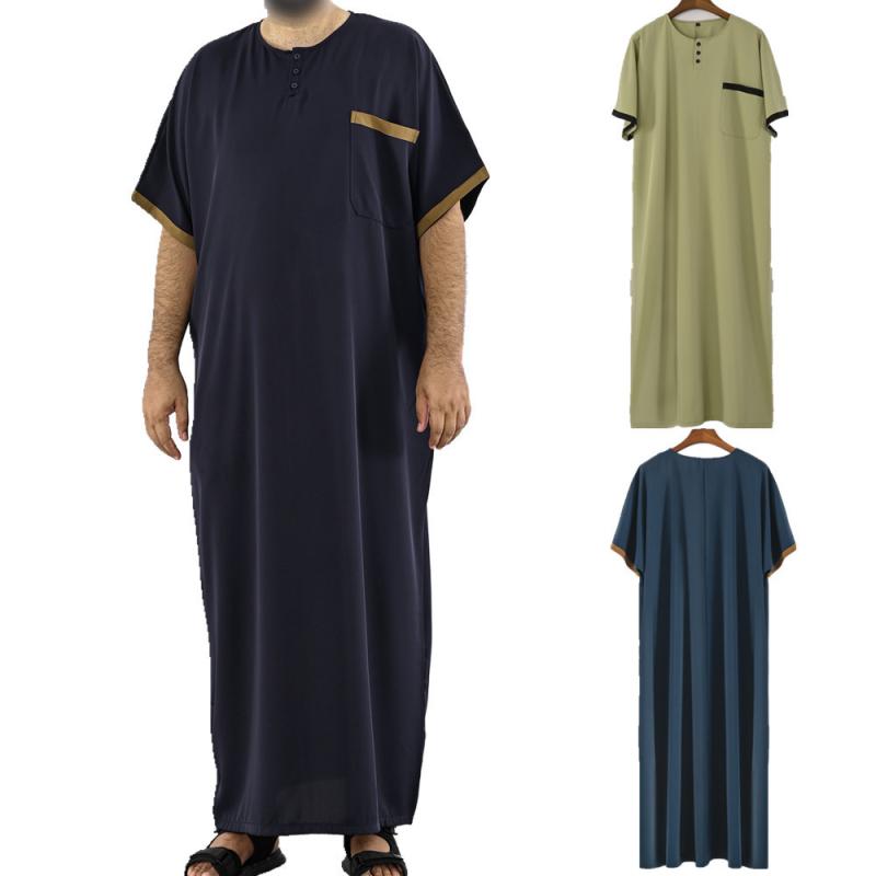 中東 民族 衣装 メンズ 大人 エスニック  服 大きいサイズ ローブ シャツ トープ カンドゥーラ 半袖 ラウンドネック ポケット ボタン ロング シンプル 無地 東南アジア アラブ ドバイ イスラム 教徒 礼拝 コスプレ 青 緑 紺