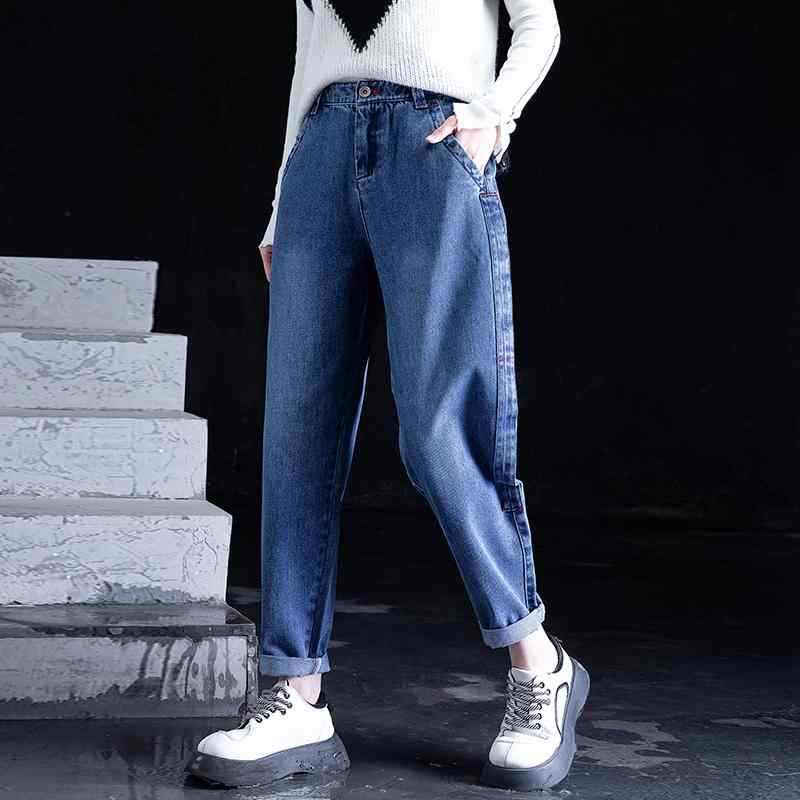 ゆったり パンツ レディース デニム ジーンズ Gパン 長ズボン 春秋 ジッパーフライ テーパード 9分丈 ハイウエスト ポケット ウォッシュ加工 コットン ボトムス おしゃれ カジュアル シンプル 美脚 着痩せ 普段着 青｜フロントップ店