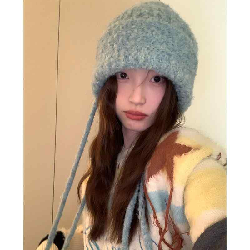 ニット帽 レディース 秋冬 韓国 普段使い レジャー 防寒 厚手 暖かい 耳 カバー 小顔効果 シンプル カジュアル 紐付き ストリート アイボリー 青