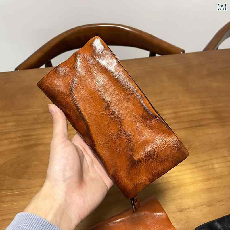 財布 レザー メンズ 大人 韓国 レトロ 横型 ロング クラッチバッグ ファスナー 柔らかい カードケース カジュアル シンプル 無地 おしゃれ 茶 黒