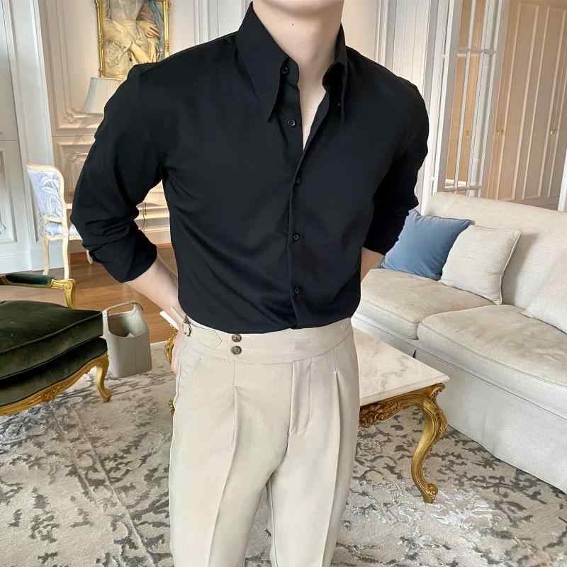 メンズ シャツ 長袖 カジュアル 春秋 ポリエステル スリム フィット 変形しにくい ソフト ビジネス イタリア シンプル 無地 黒 白 大きいサイズ