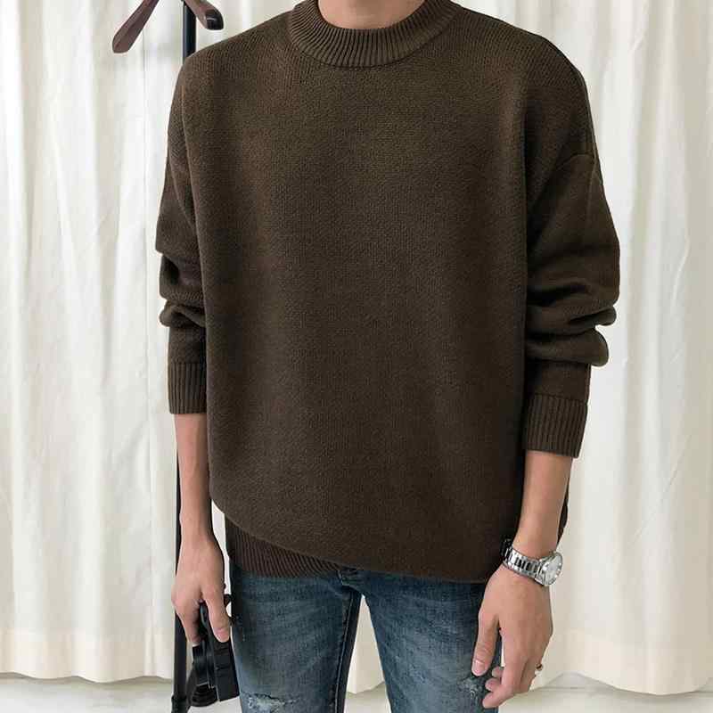 セーター メンズ 秋冬 大人 長袖 韓国 厚手 暖かい レトロ ラウンドネック ニット カジュアル ゆったり シンプル 無地 おしゃれ トップス お出かけ ショッピング レジャー 茶色